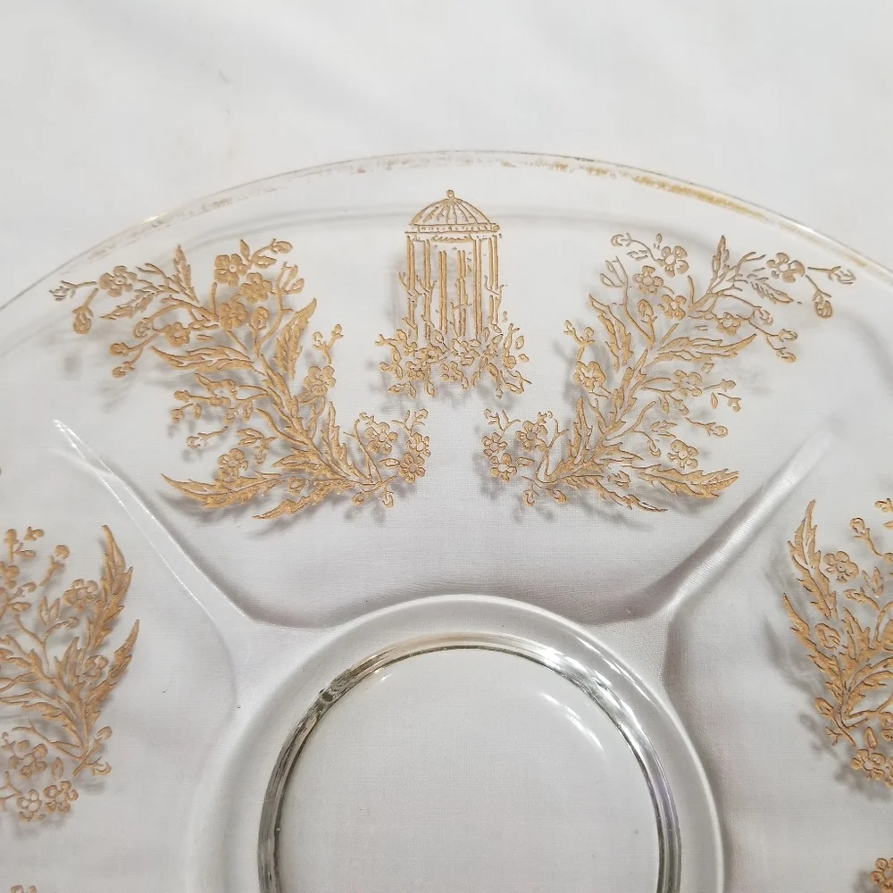 VTG 30's Paden City Glass Gazebo W Gold Etch Glass Round Platter 10.5